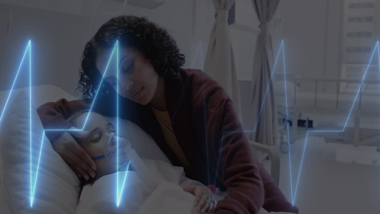 Animazione di elaborazione dati su bambina paziente di etnia mista con madre in ospedale