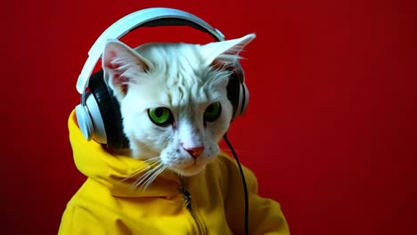 a white cat wearing a yellow jacket and headphones