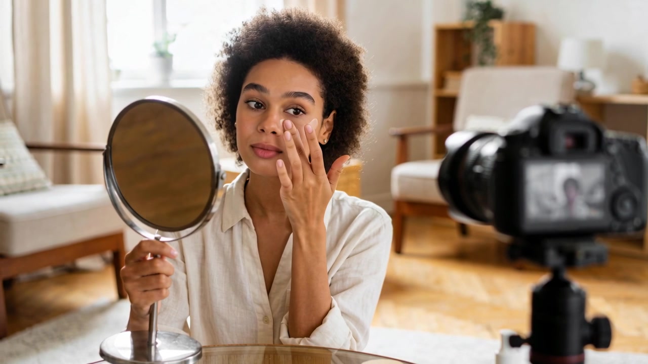 Recording vlogger wearing button-up shirt applying cream at home, holding mirror, tripod filming