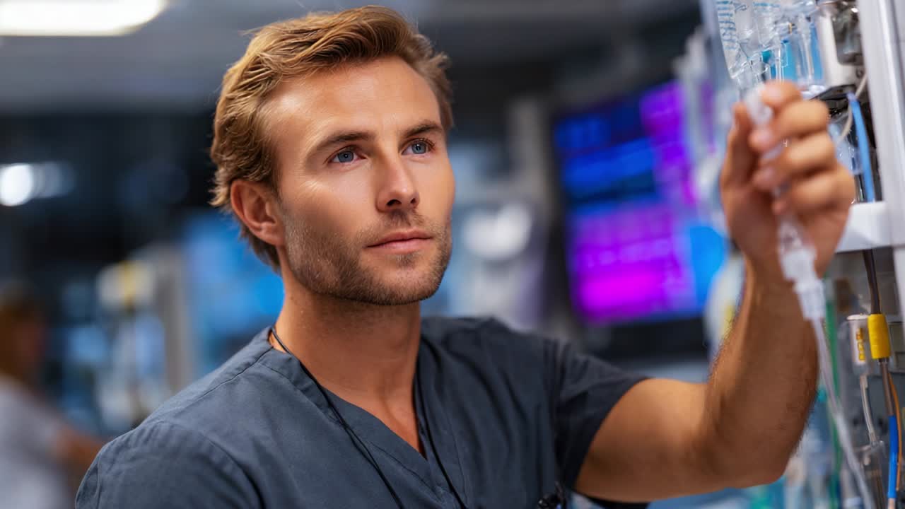 Un medico specializzato si concentra sulla regolazione delle apparecchiature per infusione endovenosa in un ambiente sanitario moderno, dimostrando dedizione e competenza nella cura del paziente, circondato da tecnologie mediche avanzate