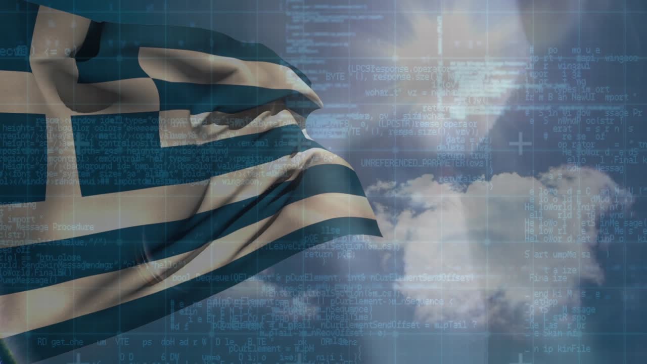 Animazione di elaborazione dati e donna caucasica su bandiera della Grecia.