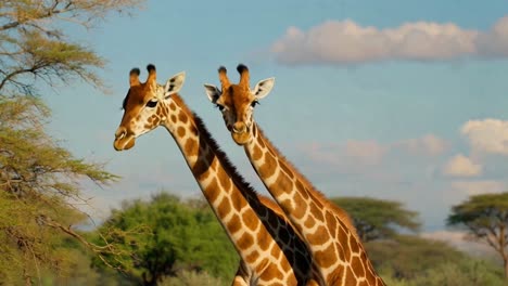 two giraffes with spotted necks in african landscape