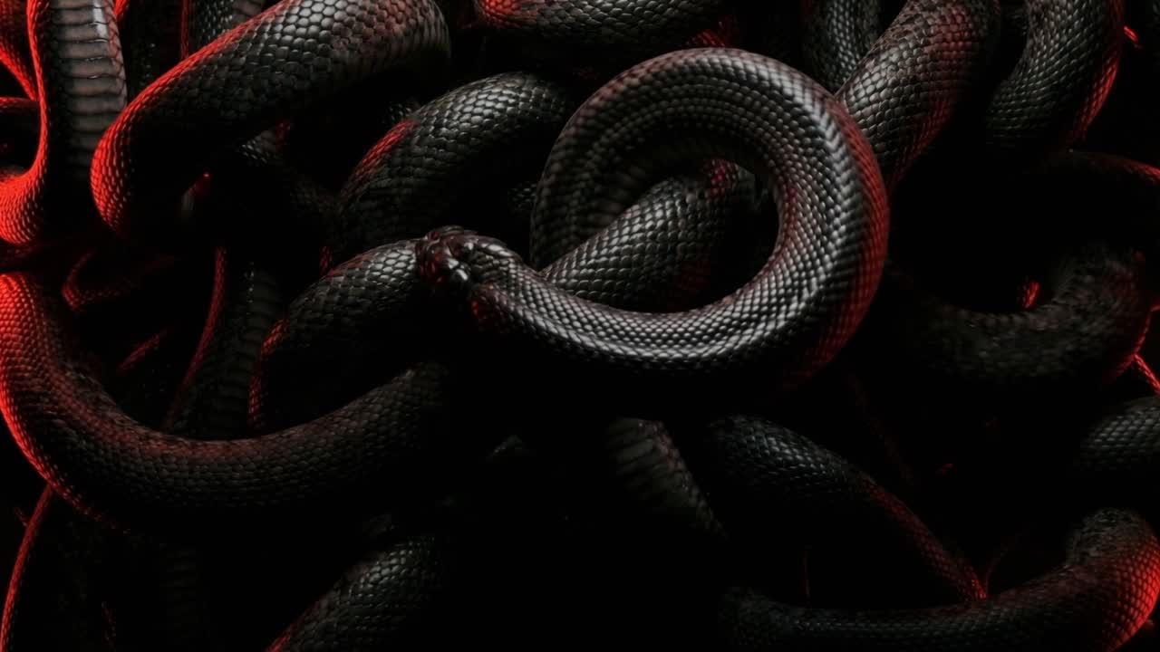 Serpenti scuri che si avvolgono con illuminazione rossa drammatica