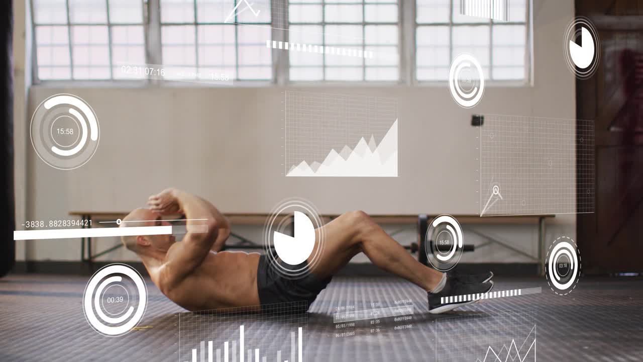 Male trainee contracting core to start rep, doing sit-ups for fitness, HUD gauges tracking progress