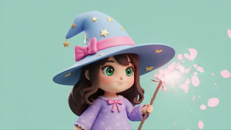enchanting young sorceress in a magical hat: a delightful character design featuring a cute wizard with a sparkling wand and a vibrant pink bow, surrounded by floating petals