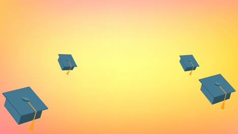 Animation-of-mortarboards-rising-and-falling-on-yellow-and-orange-sunset-background