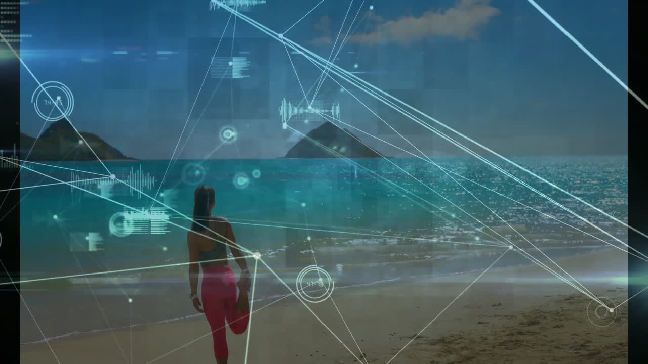 Stretching on beach, woman with animation of digital data and network connections