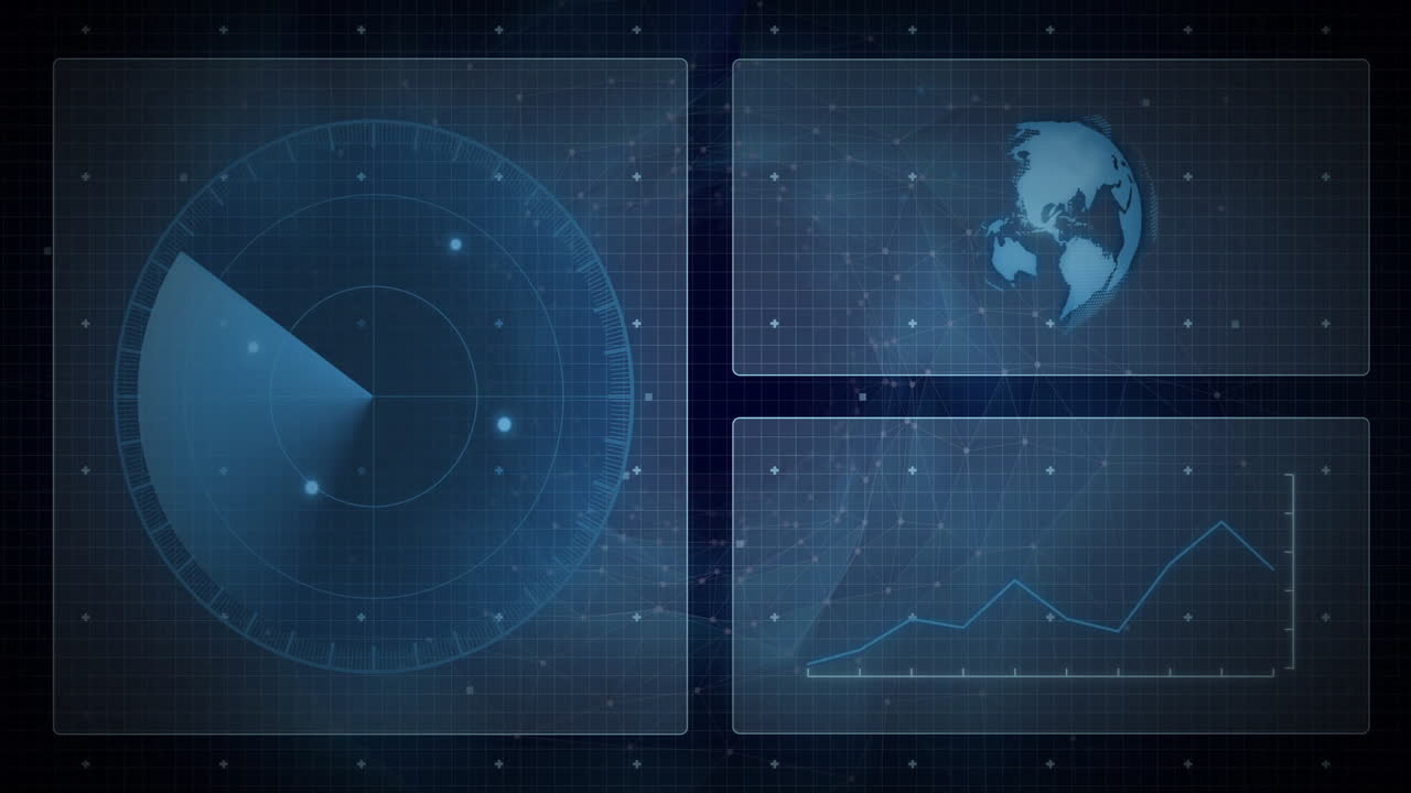Futuristic radar interface rotating left, displaying panels with globe and chart over grid