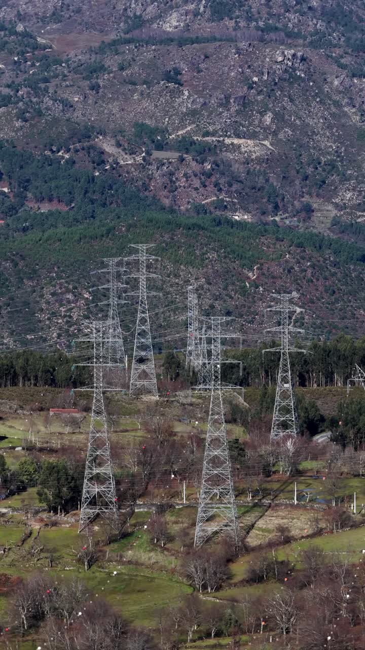 Vertical shot of Power transmission towers and lines