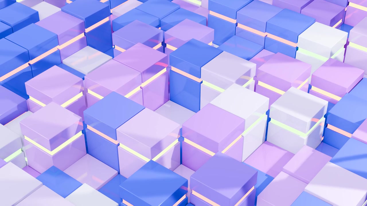 Abstract 3D rendering of glowing blue and purple geometric cubes