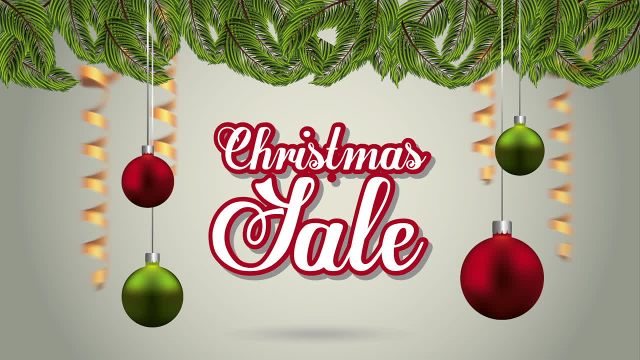 feliz venta de navidad con bolas colgando