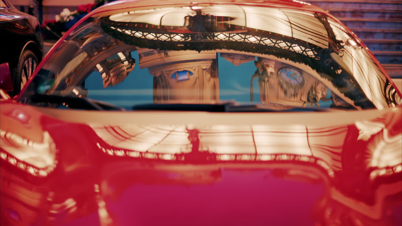 Close up of a red car in the courtyard of the Monte Carlo Casino in Monaco, decorated for Christmas in the evening