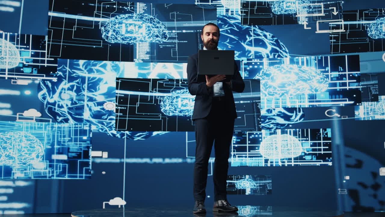 Engineer studying AI brain for data structures and predictive analytics