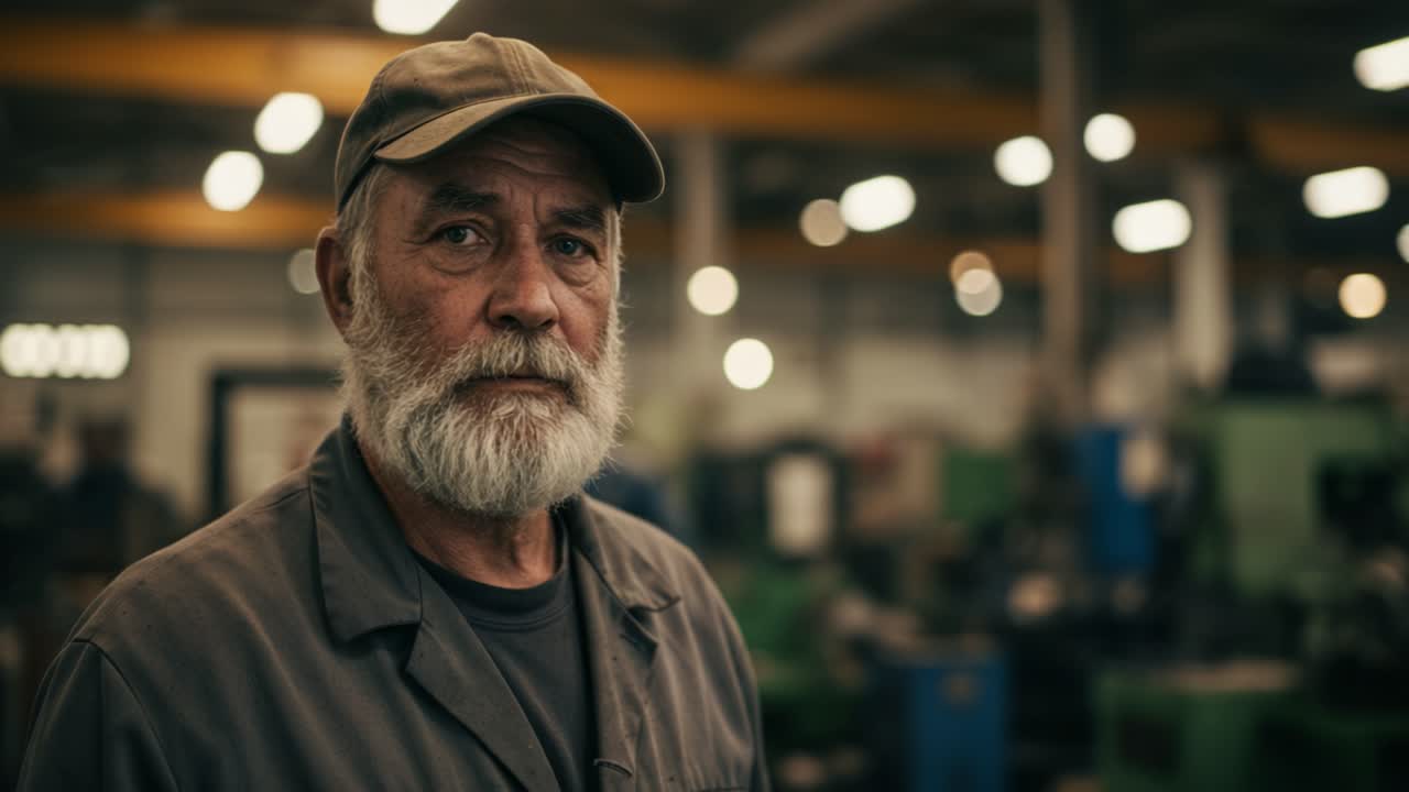 In a lively factory environment, a skilled worker stands with a thoughtful expression, embodying years of expertise and dedication. Behind him, other workers are engaged in various tasks, showcasing a vibrant atmosphere filled with activity. The interior features machinery and tools, reflecting a cu