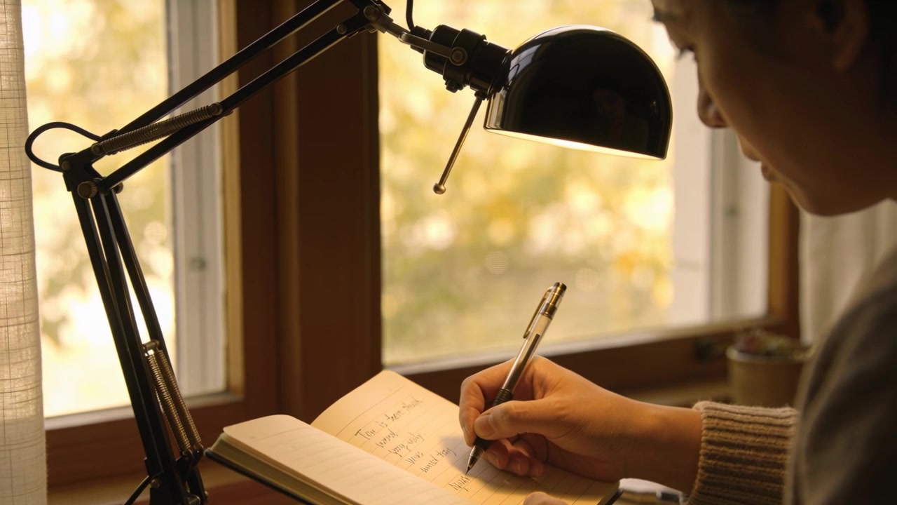 Schrijvende vrouw in geribbelde trui, pen in de aanslag, pen neerleggend, lijst schrijvend aan bureau bij raam, met vrije ruimte