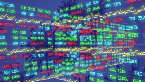 Animación-De-Gráficos-Y-Datos-Financieros-Sobre-Fondo-Azul-Con-Células-De-Virus