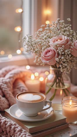 cozy windowsill with coffee and flowers