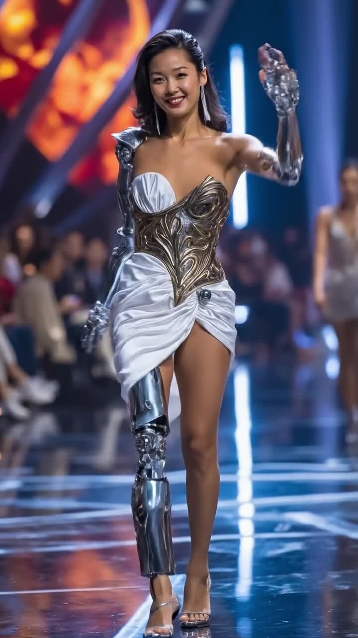 Cyborg sorridente in abito bianco e oro che posa a una fiera di tecnologia digitale
