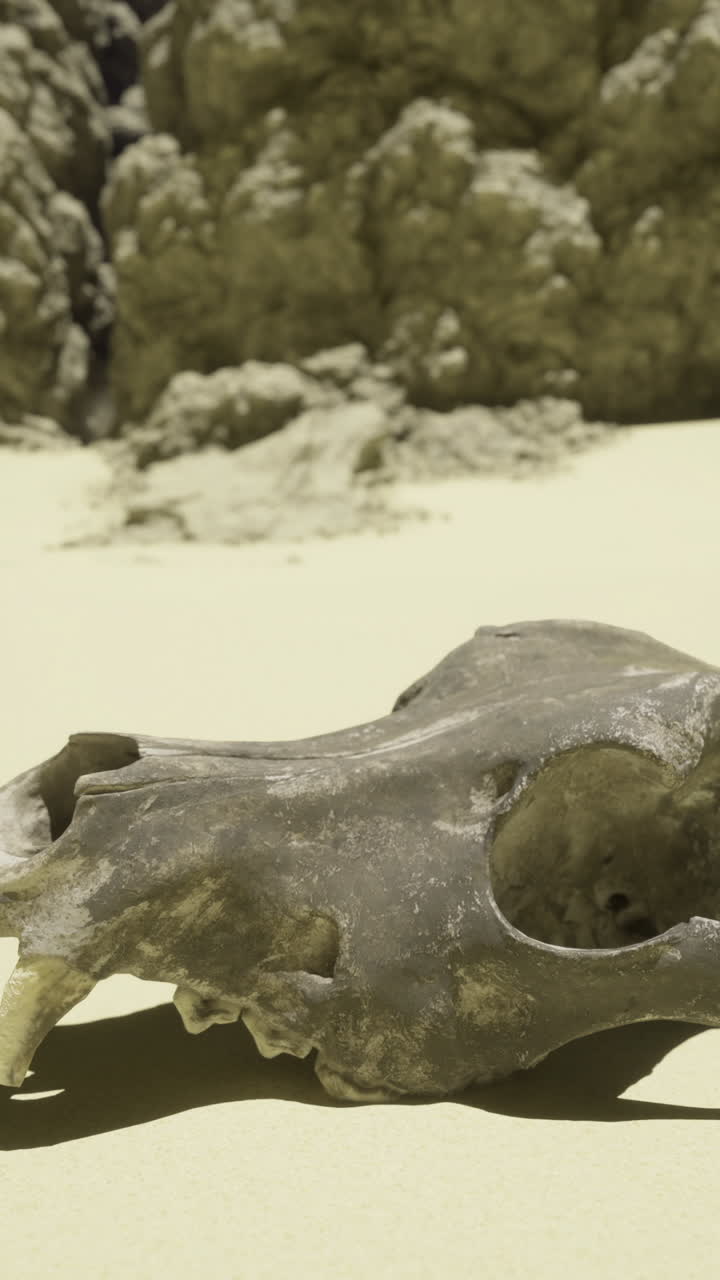 Fossilized animal skull resting on sandy terrain near rocky formations