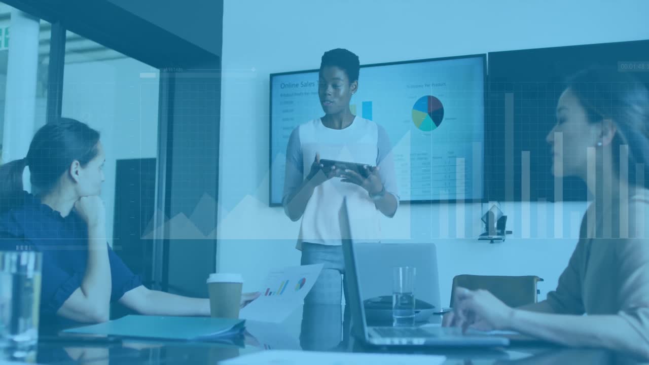 Animation of data processing over african american woman giving a presentation at office