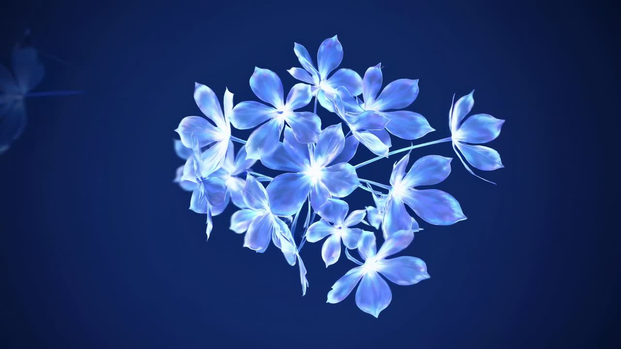 Ein Video von leuchtenden blauen Blumen, die in einem dunklen Raum schweben, aus einem niedrigen Winkel aufgenommen.