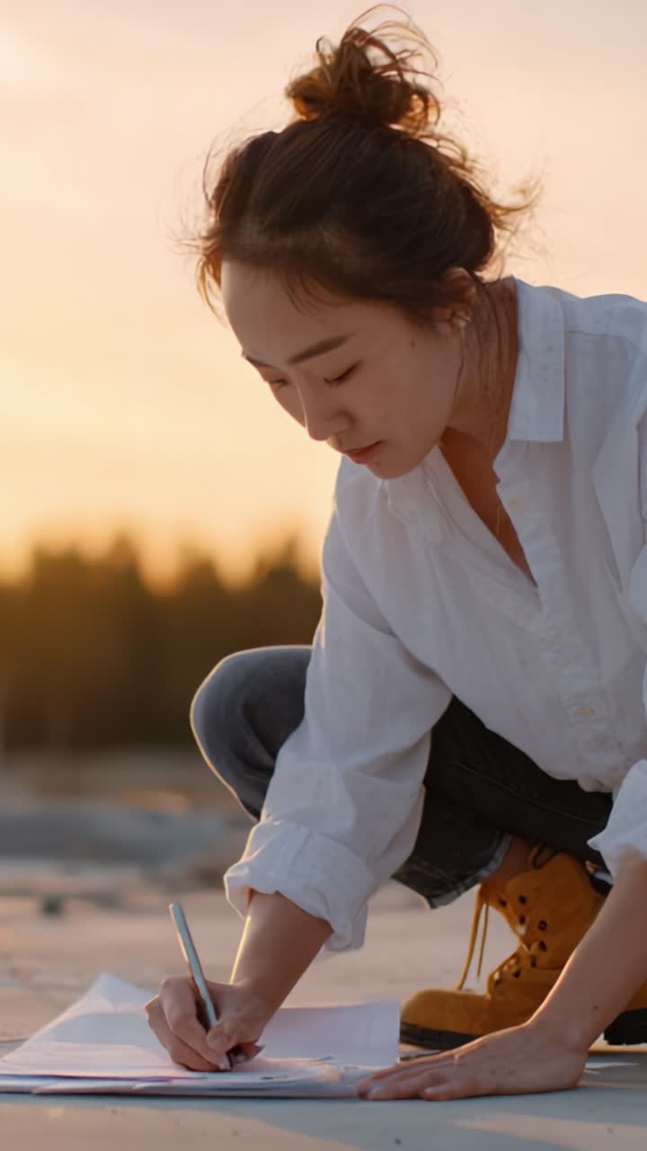 A focused individual in a white shirt and denim kneels to draw on paper, capturing creativity against a stunning sunset backdrop
