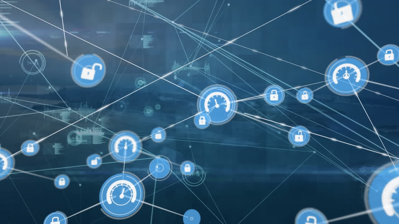 Animation of padlock and speedometer icons connected with lines over programming language