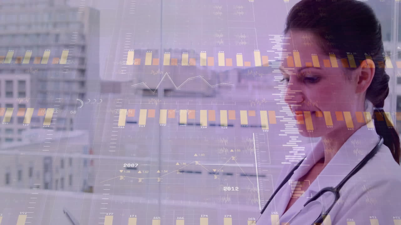 Animation of data processing over biracial female doctor using tablet in hospital