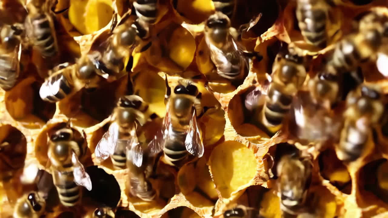 벌집 에 있는 벌 들 의 근접적 인 모습