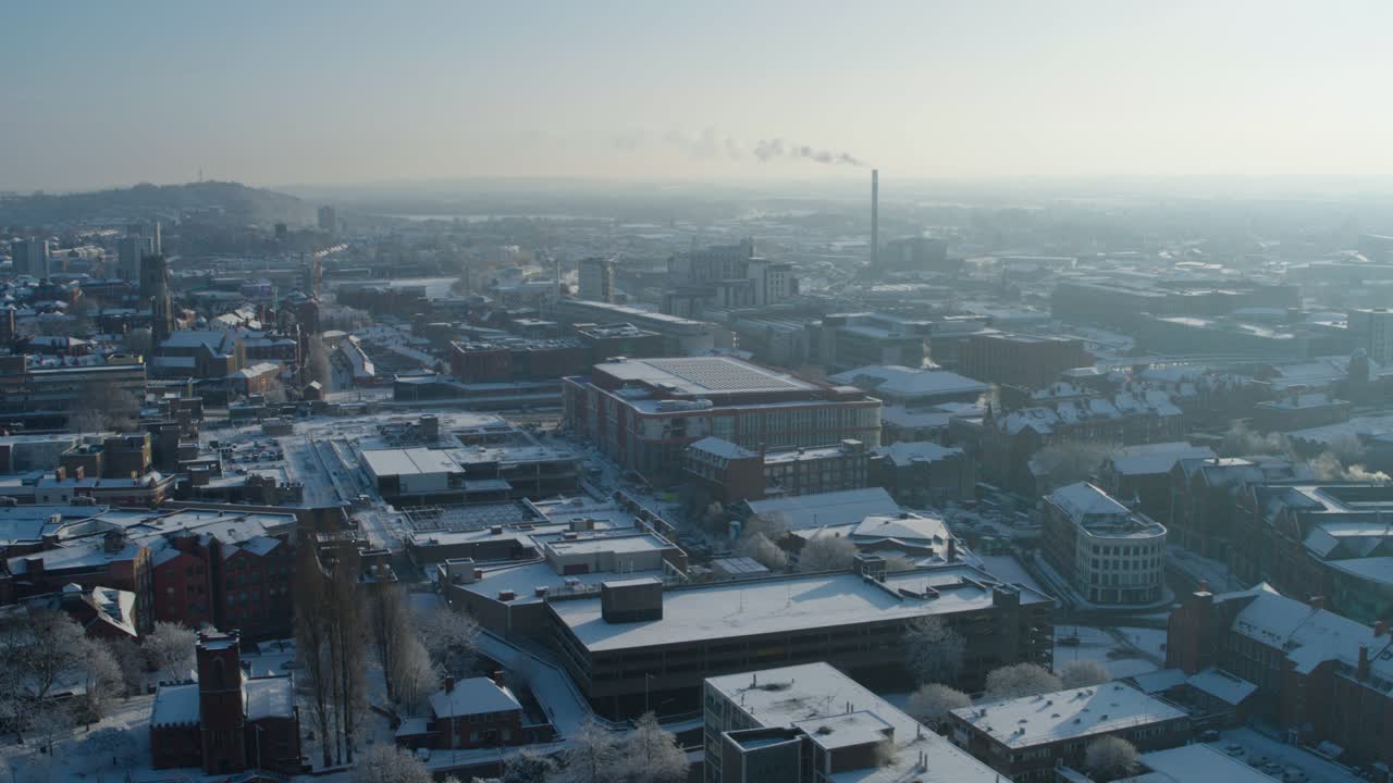 Aerial establishing shot of the city hall in Nottingham city centre