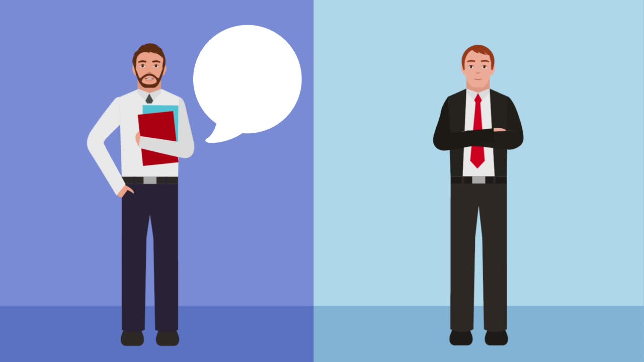 두 사업가 들 이 서서 대화 를 하고 있다