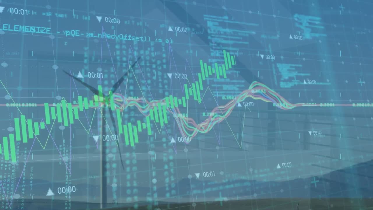 풍력 터빈을 통해 금융 데이터 처리의 애니메이션