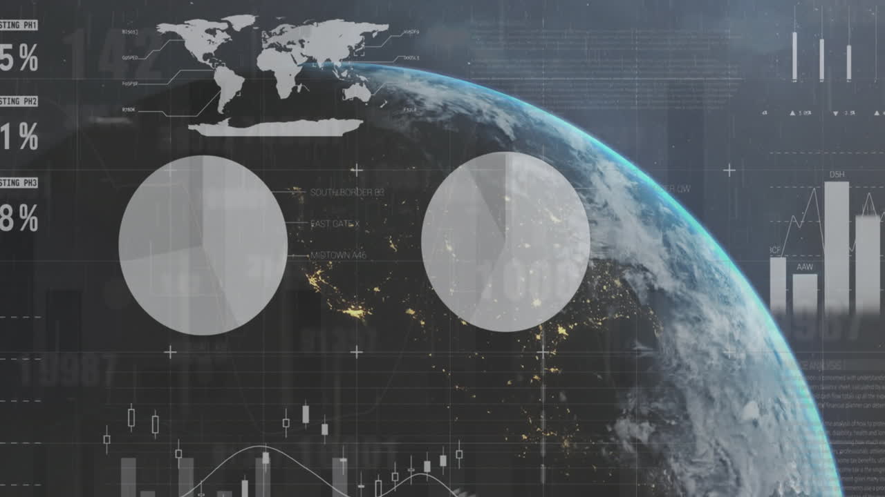 Animation of infographic interface over rotating globe against sun