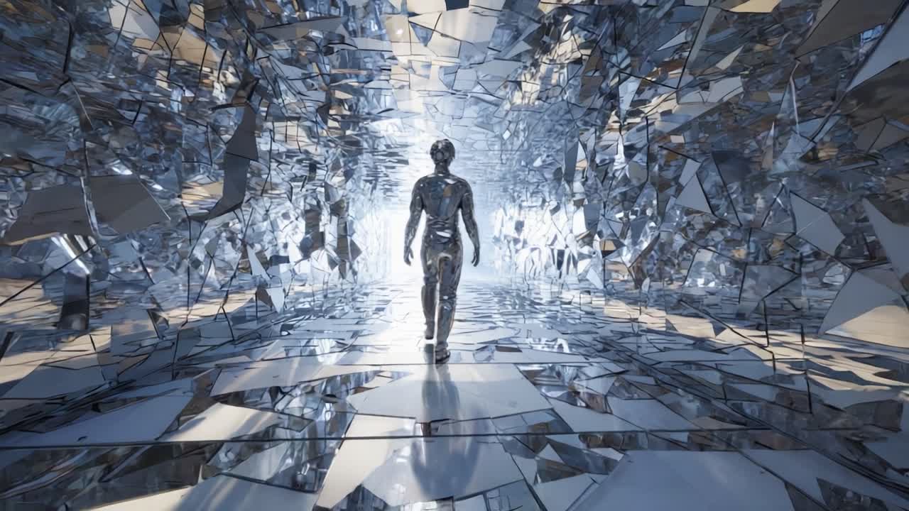 Abstract Mirror Tunnel with Humanoid Figure