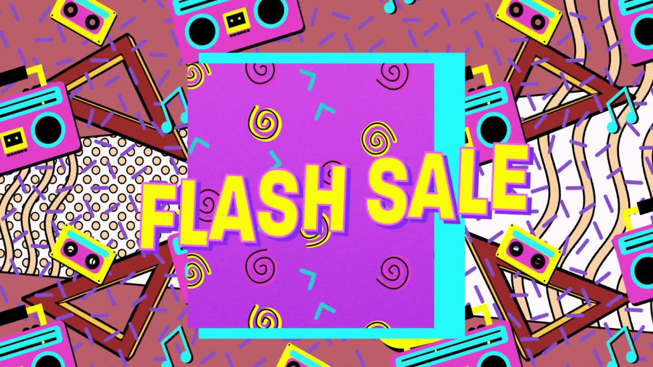 animación del texto de venta flash en letras amarillas sobre un patrón de grabadoras de cinta retro de colores brillantes