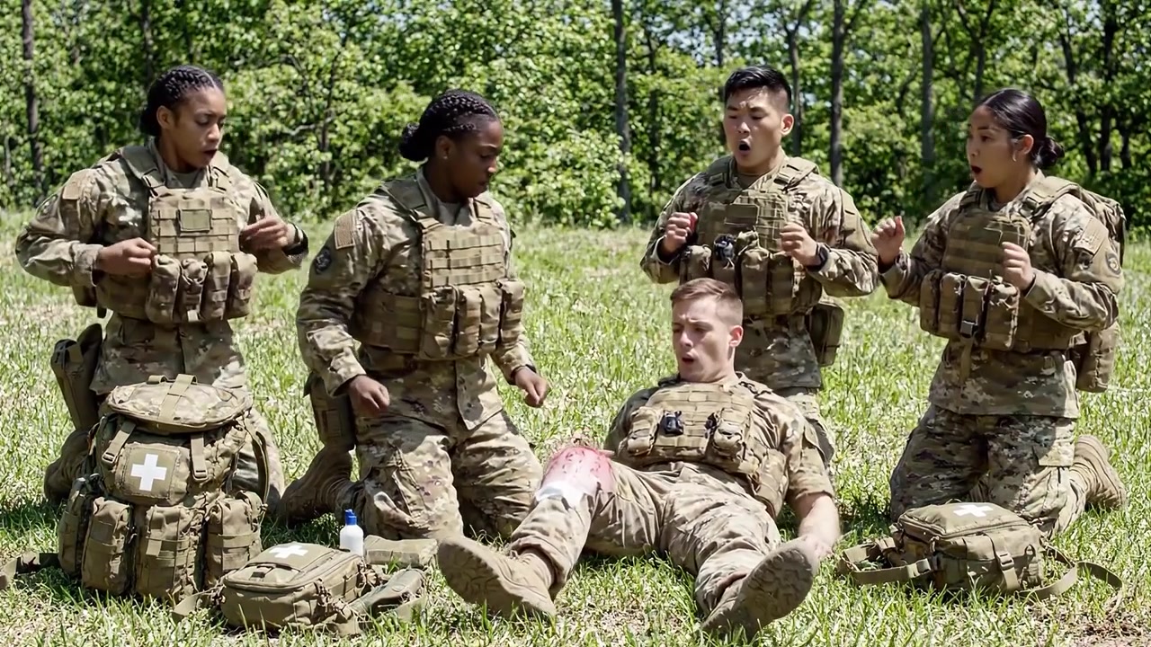 Addestramento Militare: Soldati che prestano primo soccorso sul campo a un commilitone ferito in ambiente naturale, dimostrando lavoro di squadra e capacità di risposta alle emergenze