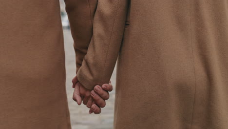 close-up view of african american man and caucasian woman holding hands and walking on the street