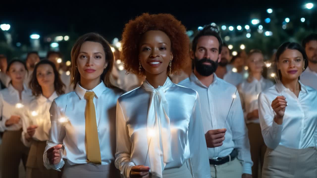 A joyful gathering of diverse individuals celebrating an occasion with glowing sparklers in hand, illuminated by evening lights, creating a warm and festive atmosphere that radiates happiness