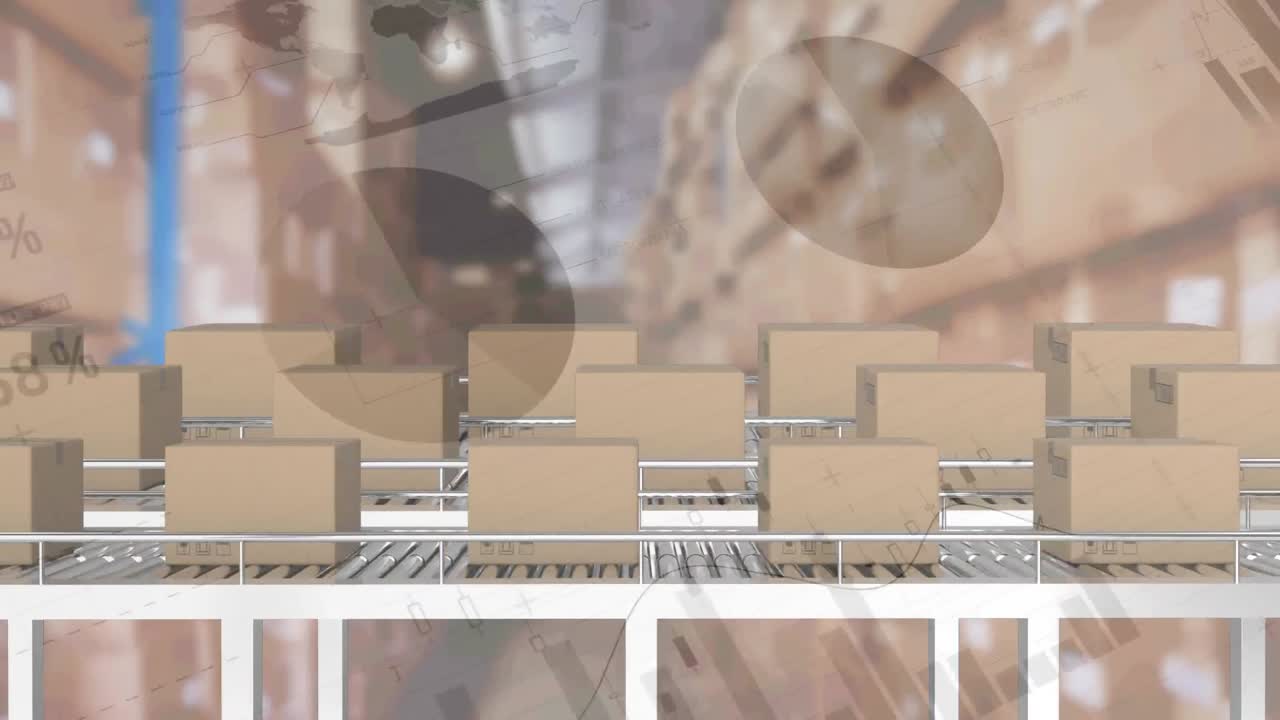 컨베이어 벨트에 있는 카드보드 상자 위에서 금융 데이터 처리의 애니메이션