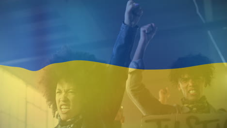 animation of flag of ukraine over african american male and female protesters