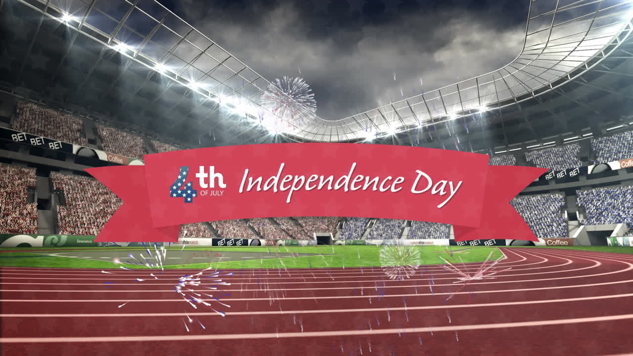 스포츠 경기장 에 맞서 행복 한 독립 의 날 문자 배너 에 불꽃놀이 가 터지고 있다