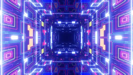 volar a través del ciberespacio de tecnología simétrica con brillo de neón. vuelo de ciencia ficción a través del túnel de tecnología de alta tecnología. luz de neón 3d en bucle 4k bg. construcciones de ciencia ficción, objetos 3d misteriosos