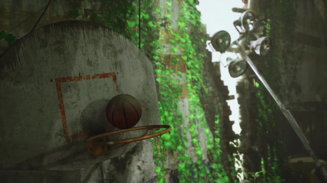 Old basketball area in decay sunlit abandoned court with moss and rust