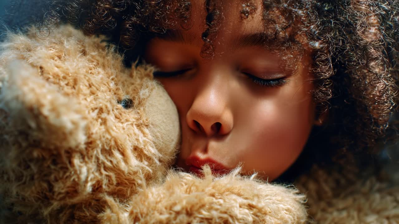 A Tender Moment of Affection: A Child Embraces a Soft Toy Bear, Capturing Pure Joy and Comfort in an Intimate Portrait of Childhood Innocence and Love