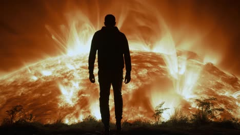 man standing before a solar flare