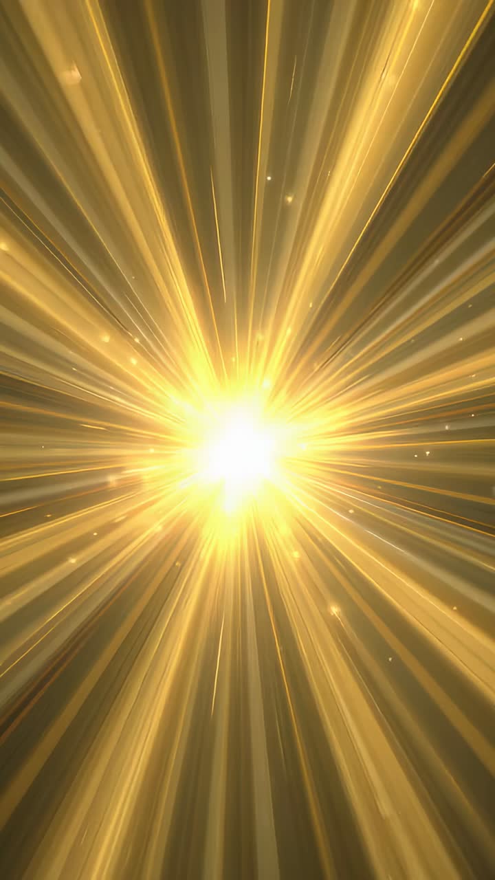 Vertical video: Igniting central golden burst beaming in dark void, forming rays and sparks
