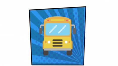 Animación-Del-Icono-Del-Autobús-Escolar-En-Un-Cuadrado-Azul-Sobre-Fondo-Blanco