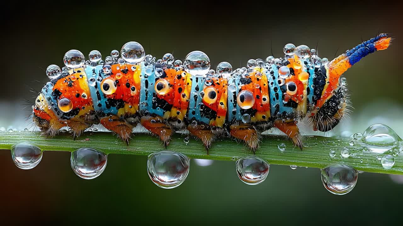 Stunning Close-Up of a Colorful Caterpillar Covered in Dew Drops on a Leaf, Showcasing Vibrant Patterns and Tiny Water Spheres in a Nature Setting