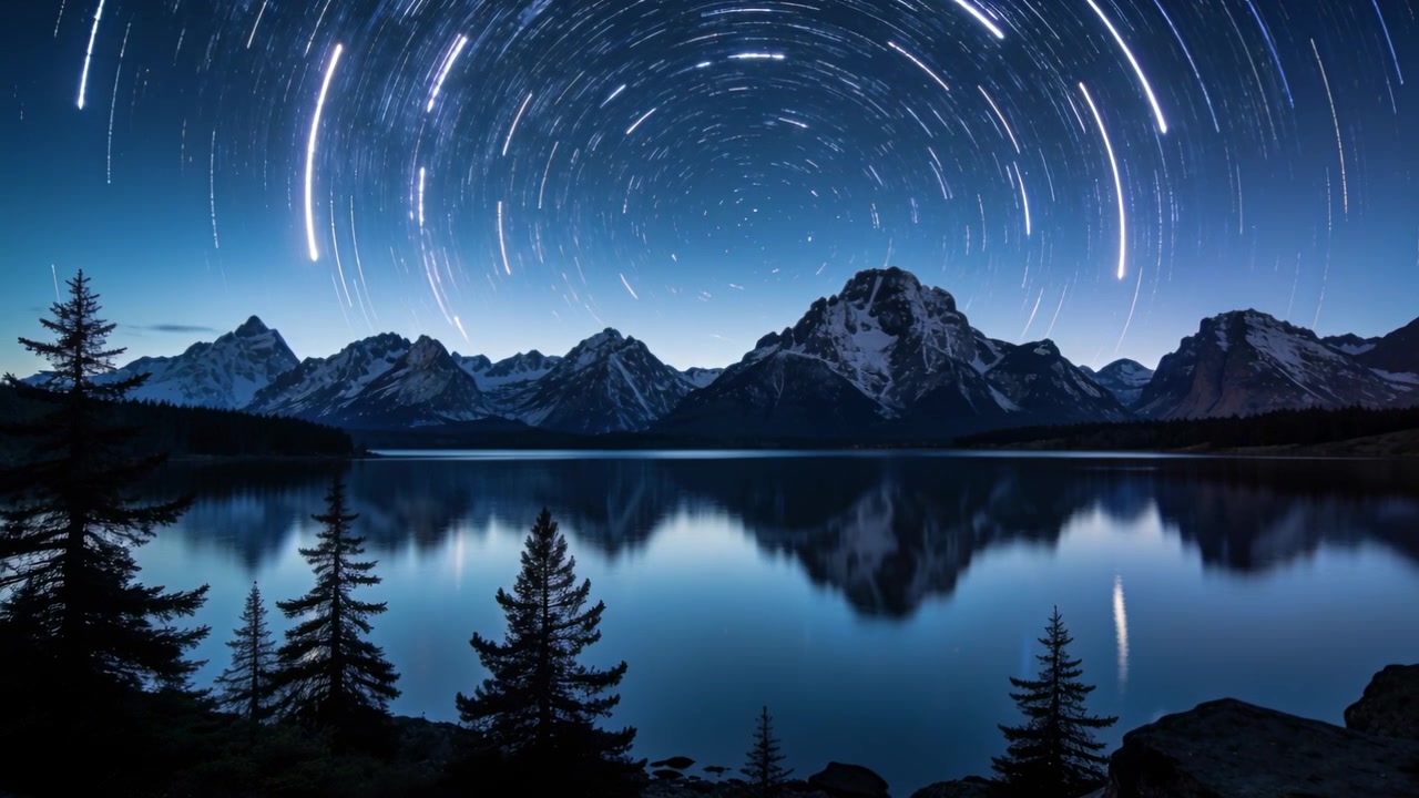 Starting timelapse camera capturing star arcs rotating above snowcap peak at lake, showing rotation