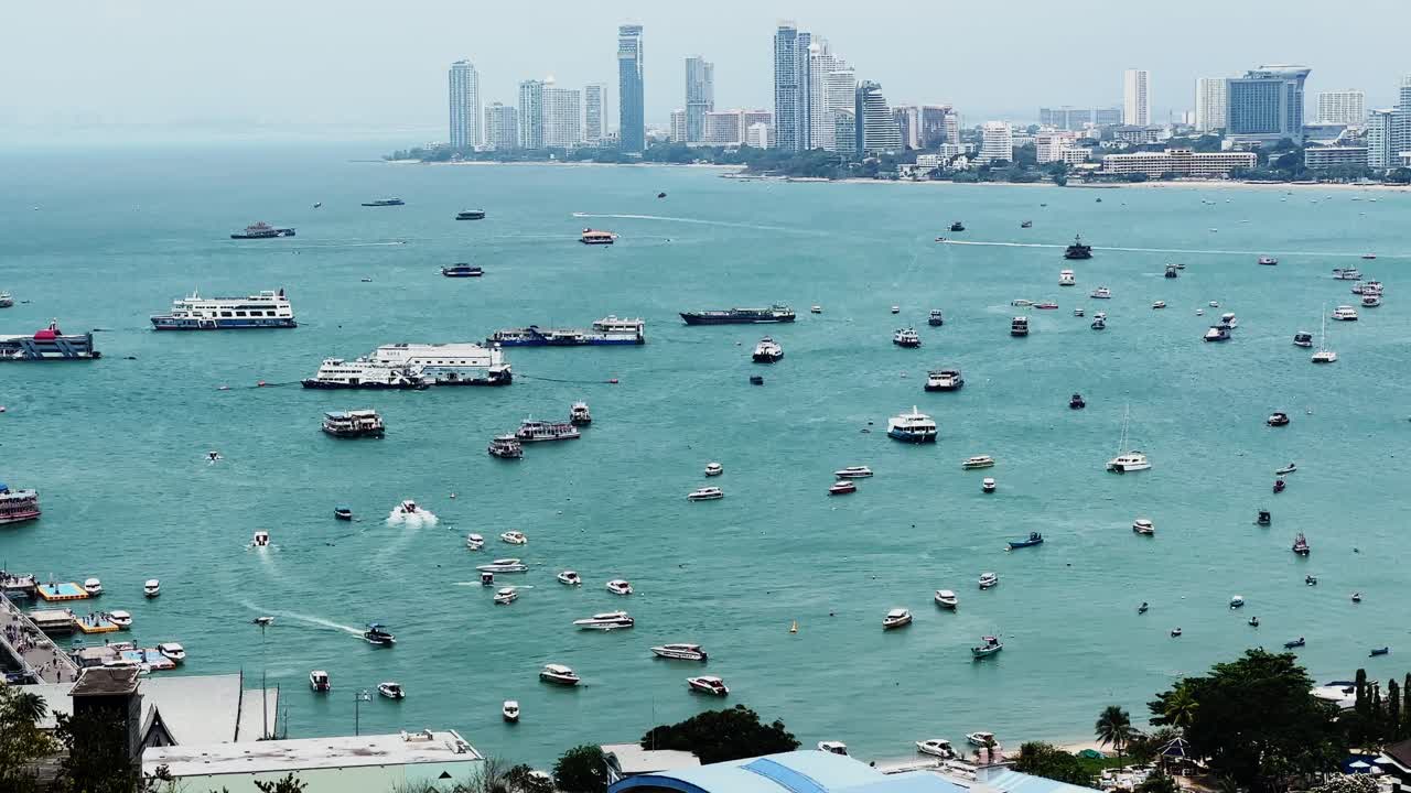 Aerial View of Pattaya City and Bay with Numerous Boats